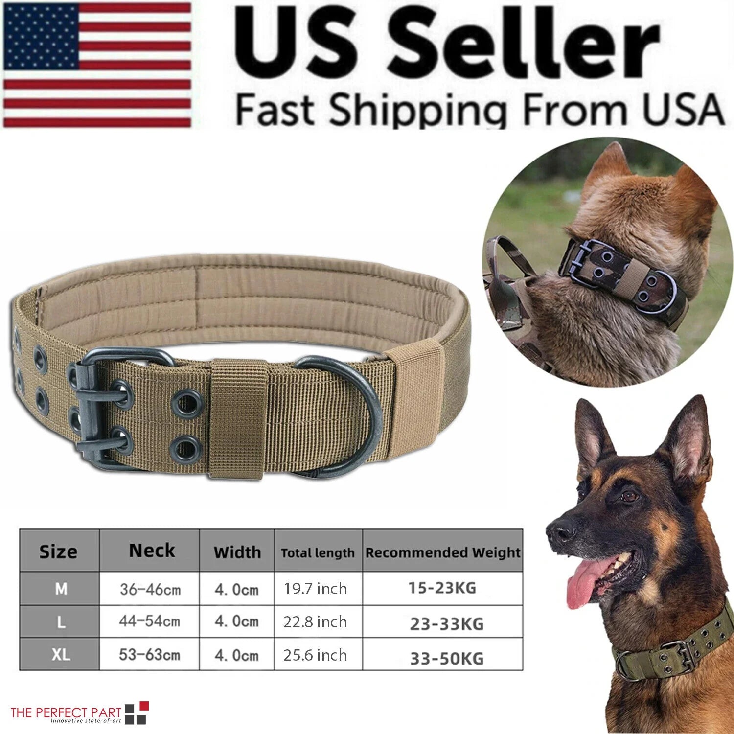 Pawfectly 2" Wide Tactical Heavy Duty Nylon Large Dog Collar K9 Military with Metal Buckle