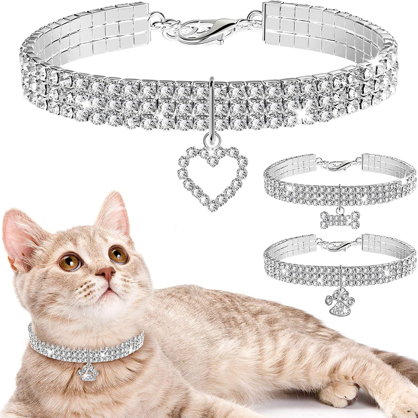 Pawfectly Purrfect 3 Pieces Bling Rhinestones Pet Collars Glitter Pendant Dog Collars Adjustable Crystal Cat Collar Elastic Pet Necklace for Small Pet Cat Dogs Puppy (White)