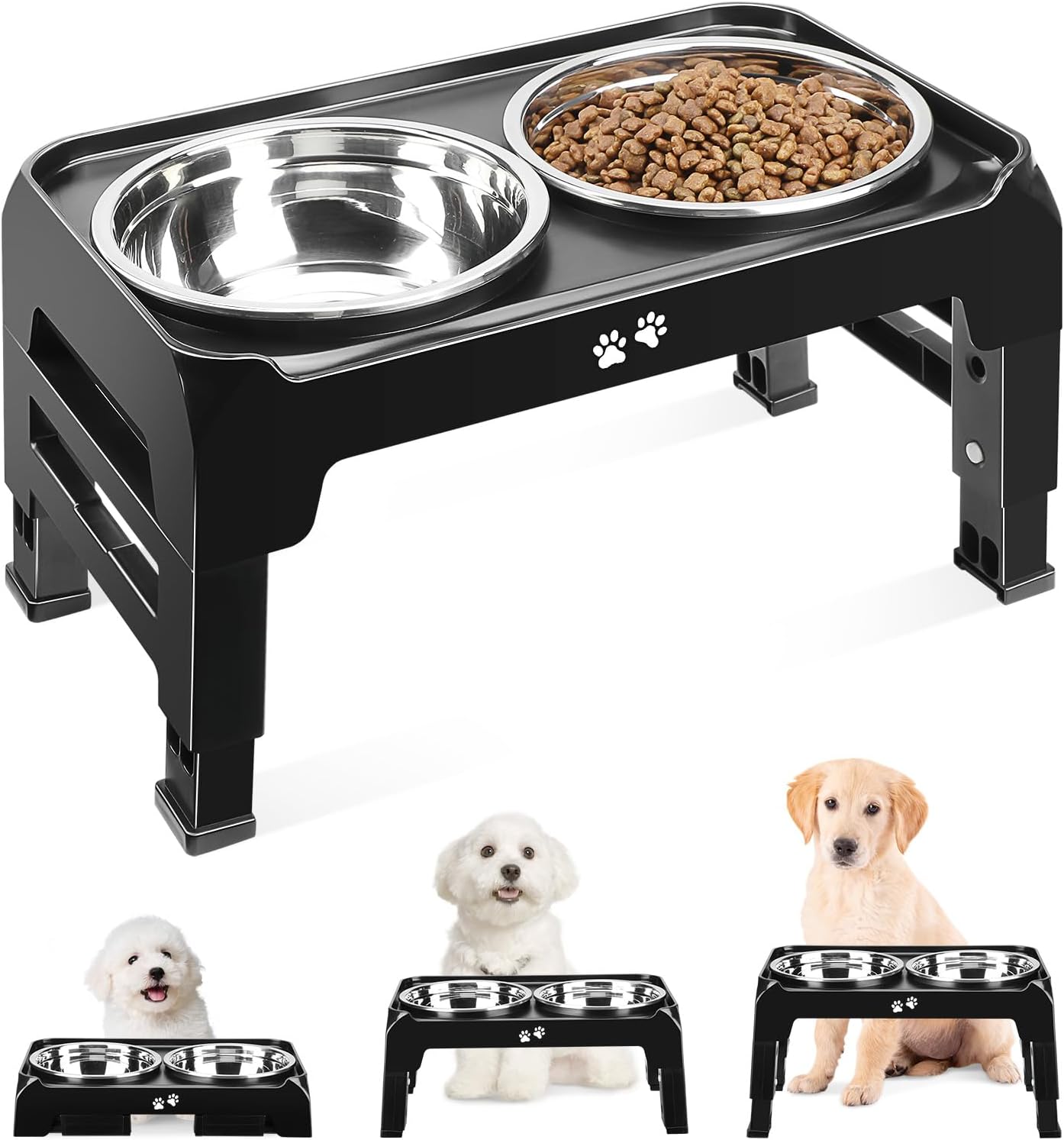 Elevated Dog Bowls, 4 Height Adjustable Raised Dog Bowl Stand with 2 Thick 50Oz Stainless Steel Dog Food Bowls Non-Slip Dog Feeder for Large Medium Dogs Adjusts to 3.7", 9.2", 10.75", 12.36" Black