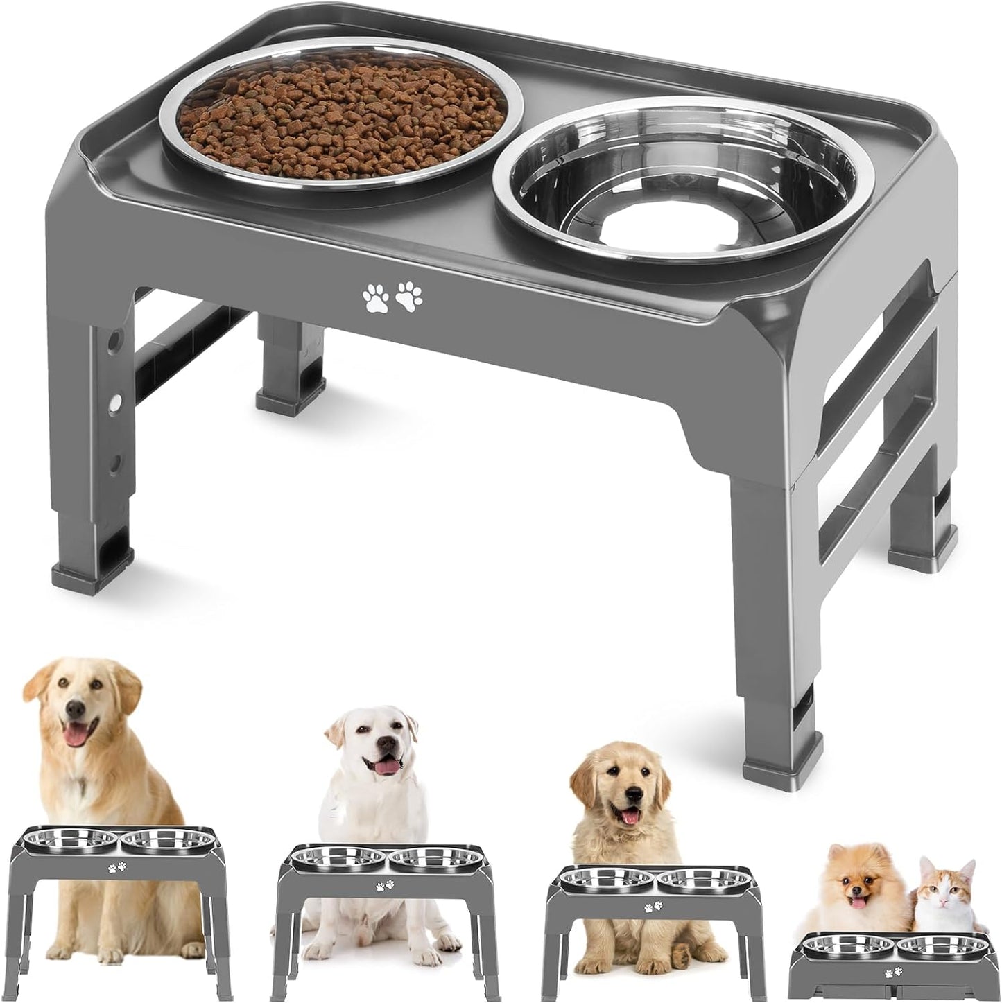 Elevated Dog Bowls, 4 Height Adjustable Raised Dog Bowl Stand with 2 Thick 50Oz Stainless Steel Dog Food Bowls Non-Slip Dog Feeder for Large Medium Dogs Adjusts to 3.7", 9.2", 10.75", 12.36" Black