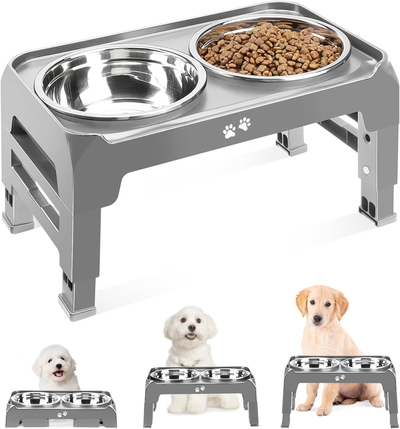 Elevated Dog Bowls, 4 Height Adjustable Raised Dog Bowl Stand with 2 Thick 50Oz Stainless Steel Dog Food Bowls Non-Slip Dog Feeder for Large Medium Dogs Adjusts to 3.7", 9.2", 10.75", 12.36" Black