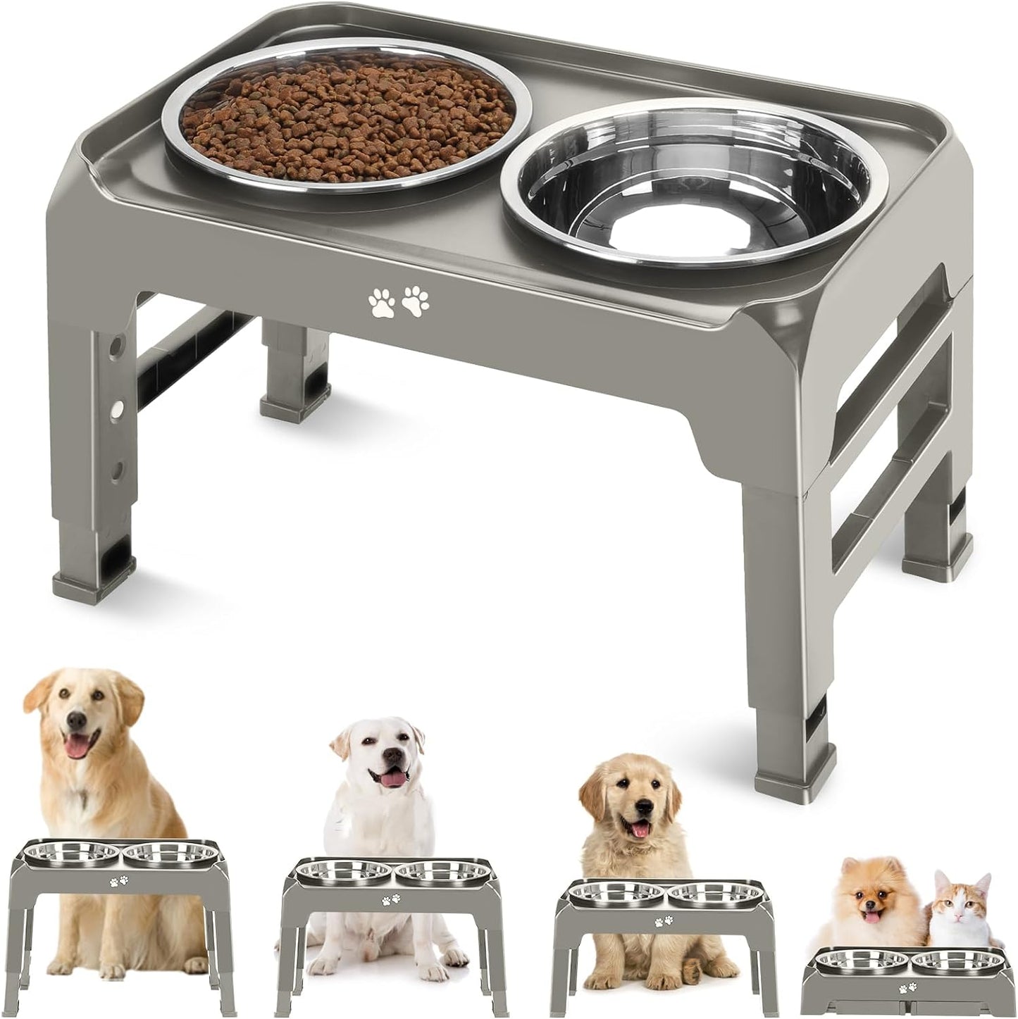 Elevated Dog Bowls, 4 Height Adjustable Raised Dog Bowl Stand with 2 Thick 50Oz Stainless Steel Dog Food Bowls Non-Slip Dog Feeder for Large Medium Dogs Adjusts to 3.7", 9.2", 10.75", 12.36" Black