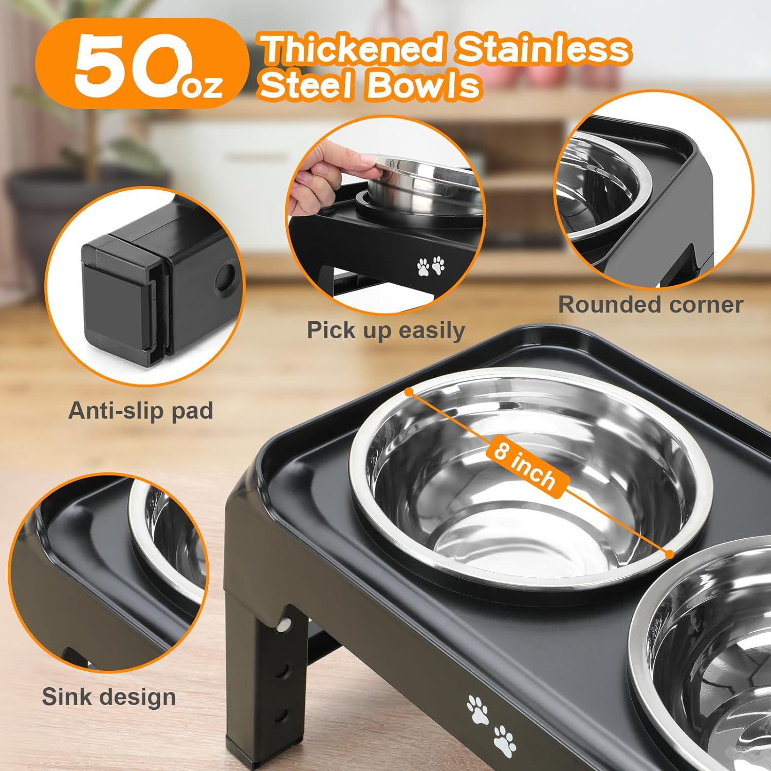 Elevated Dog Bowls, 4 Height Adjustable Raised Dog Bowl Stand with 2 Thick 50Oz Stainless Steel Dog Food Bowls Non-Slip Dog Feeder for Large Medium Dogs Adjusts to 3.7", 9.2", 10.75", 12.36" Black