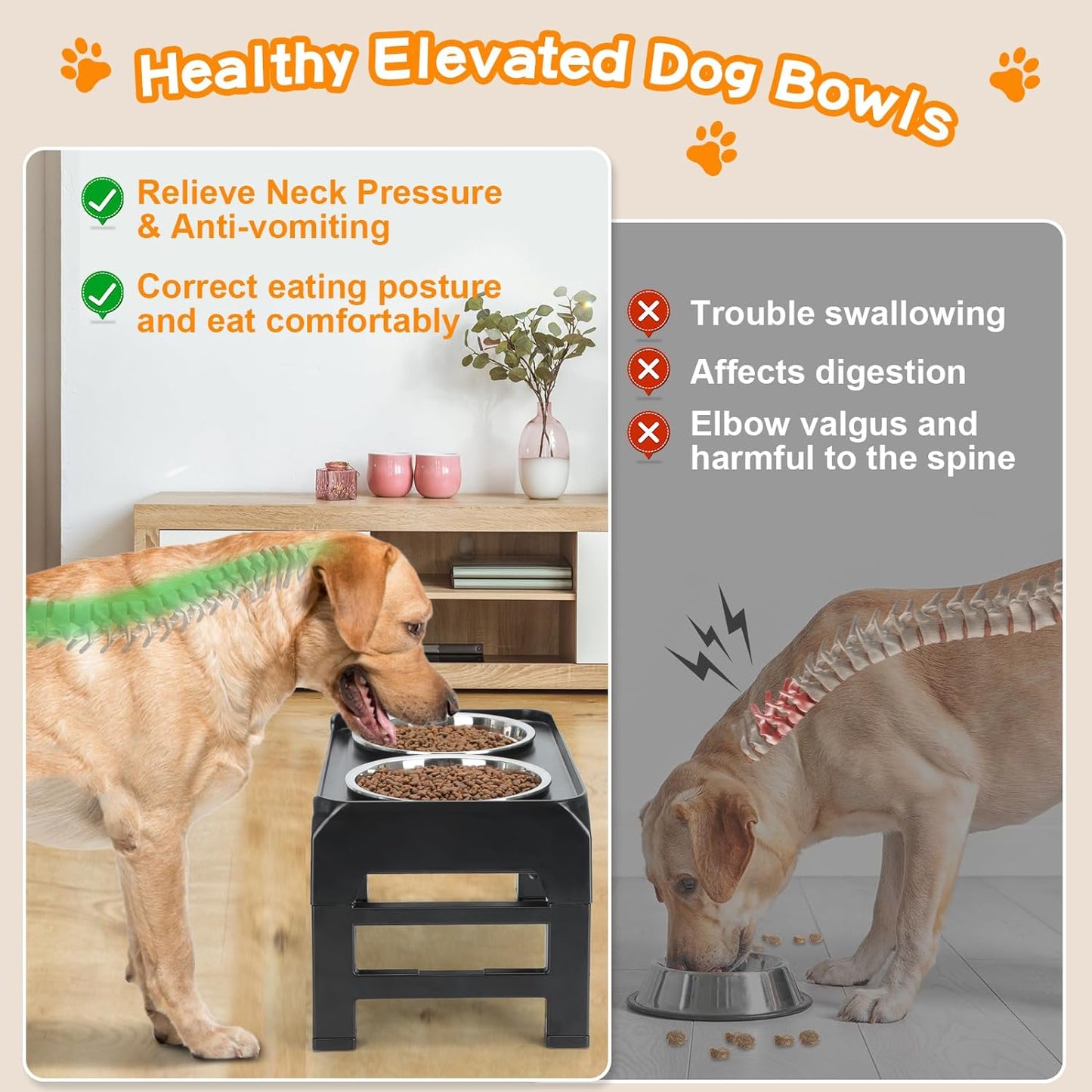 Elevated Dog Bowls, 4 Height Adjustable Raised Dog Bowl Stand with 2 Thick 50Oz Stainless Steel Dog Food Bowls Non-Slip Dog Feeder for Large Medium Dogs Adjusts to 3.7", 9.2", 10.75", 12.36" Black