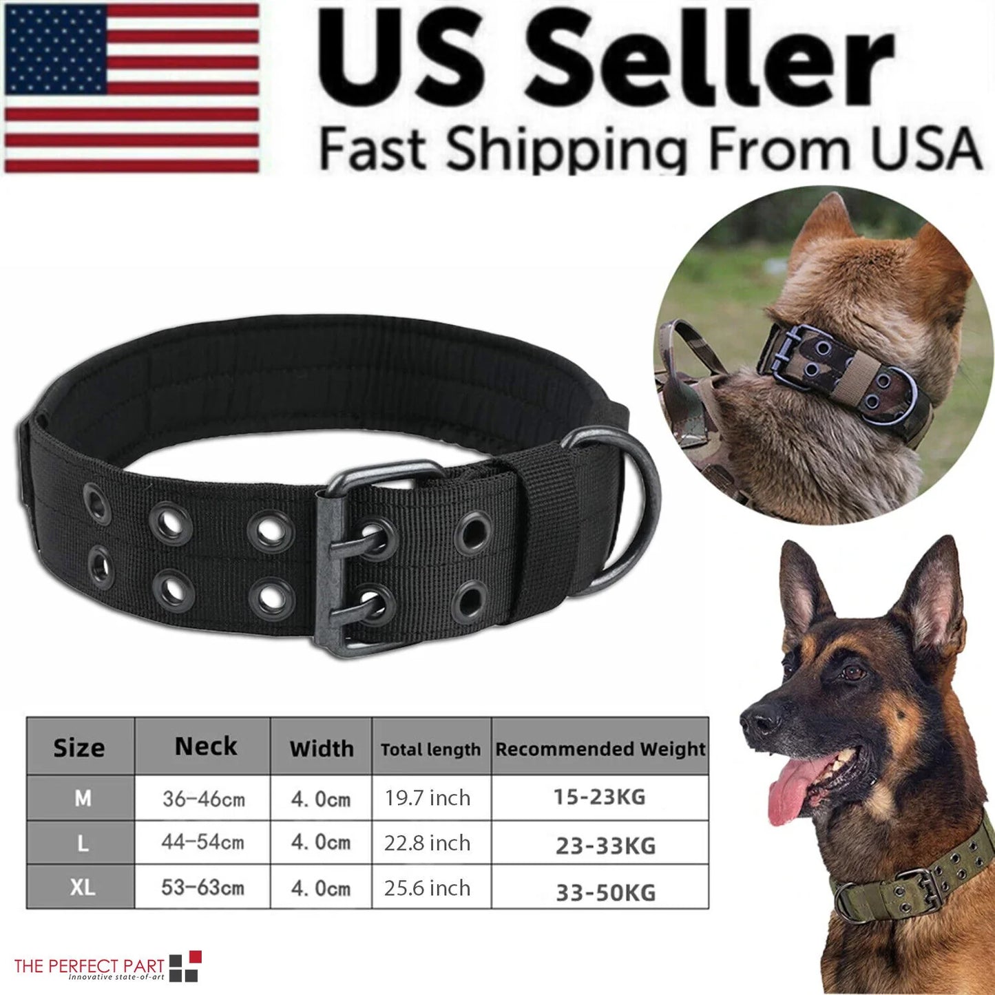 Pawfectly 2" Wide Tactical Heavy Duty Nylon Large Dog Collar K9 Military with Metal Buckle