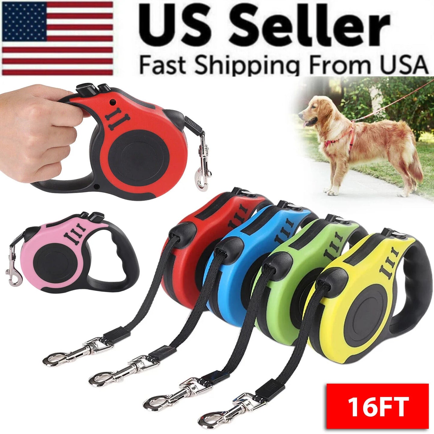 Pawfectly 16.5FT Automatic Retractable Dog Leash Pet Collar Automatic Walking Lead Free US