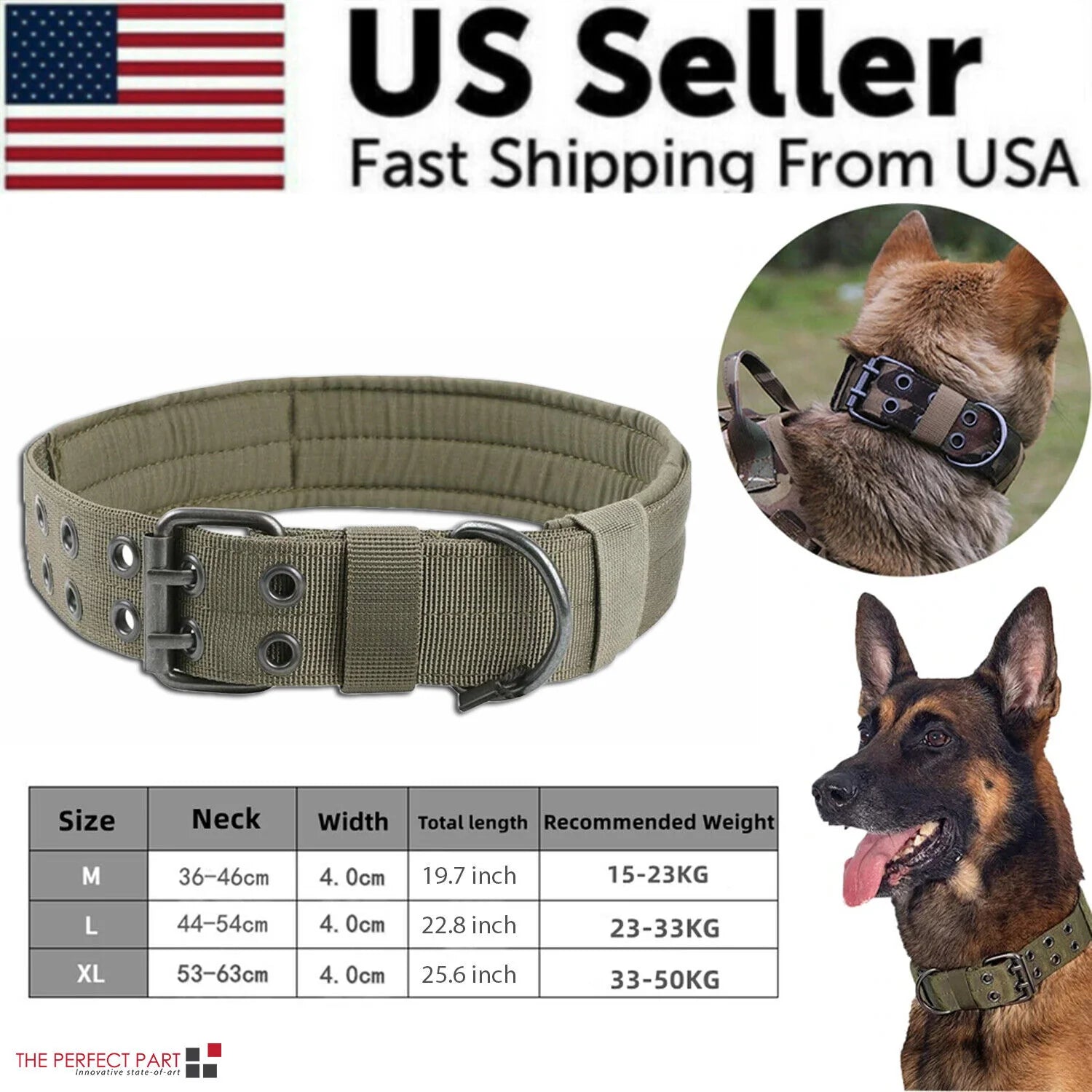 Pawfectly 2" Wide Tactical Heavy Duty Nylon Large Dog Collar K9 Military with Metal Buckle