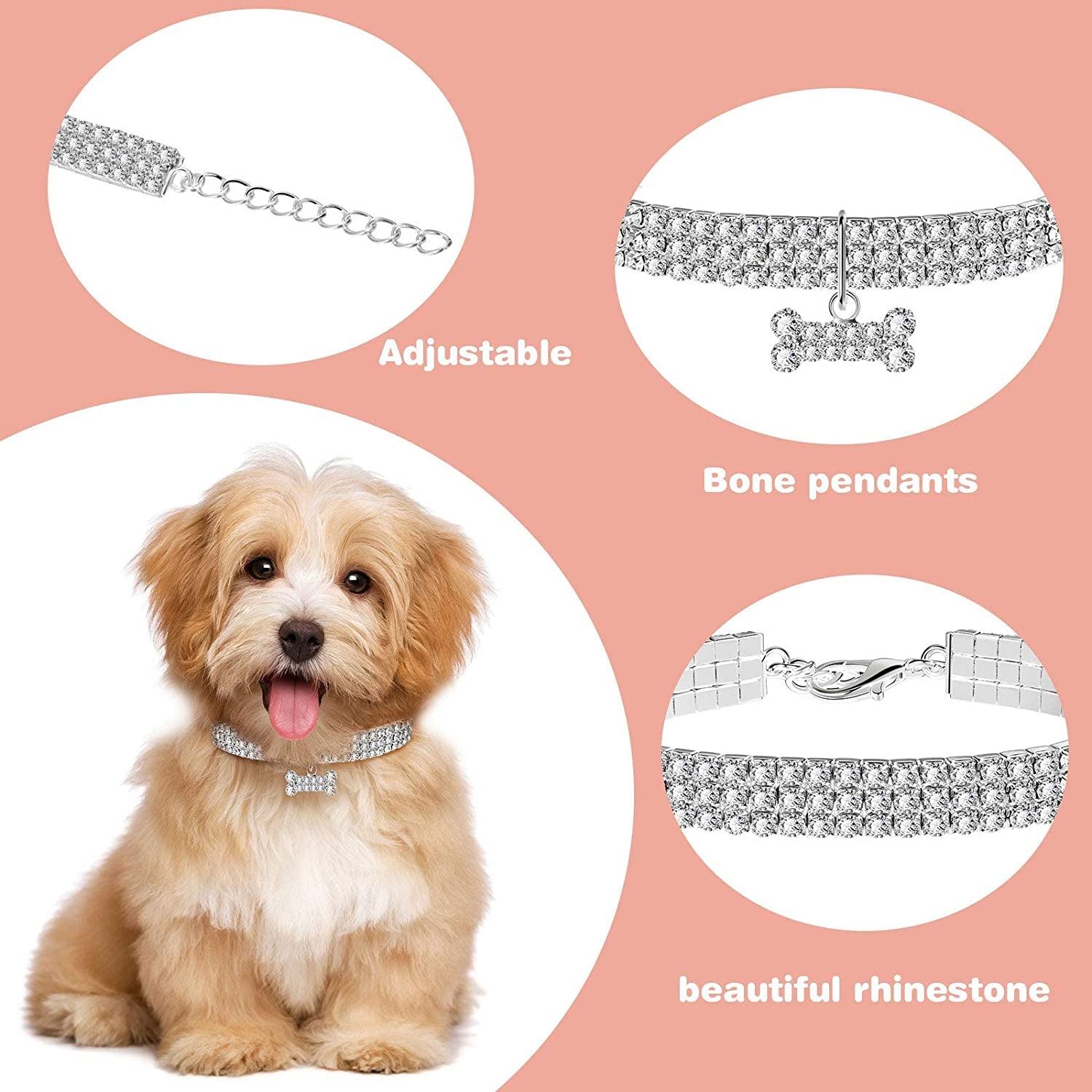 Pawfectly Purrfect 3 Pieces Bling Rhinestones Pet Collars Glitter Pendant Dog Collars Adjustable Crystal Cat Collar Elastic Pet Necklace for Small Pet Cat Dogs Puppy (White)