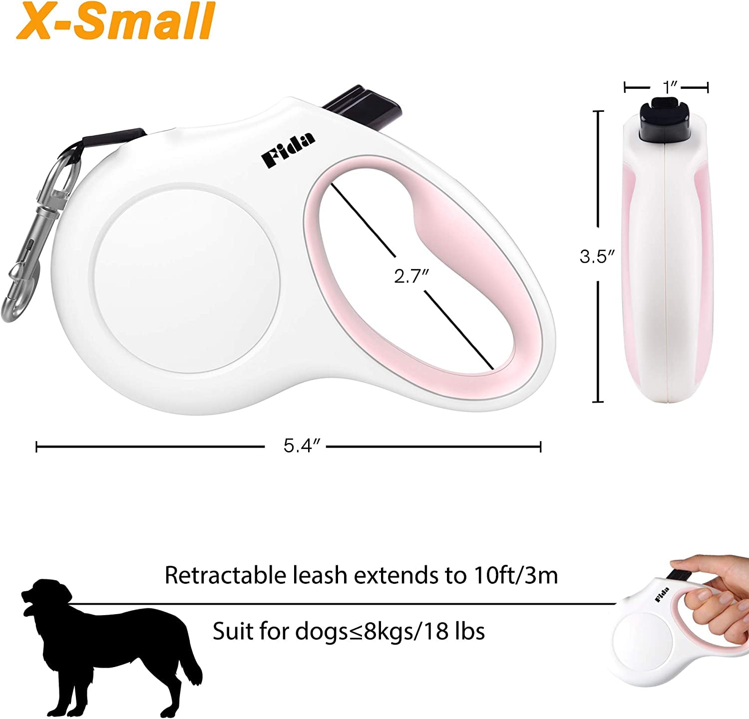 Pawfectly Retractable Dog Leash with Dispenser and Poop Bags, 10 Ft Pet Walking Leash for X-Small Dog or Cat up to 18 Lbs, Anti-Slip Handle, Tangle Free, Reflective Nylon Tape (XS, White)