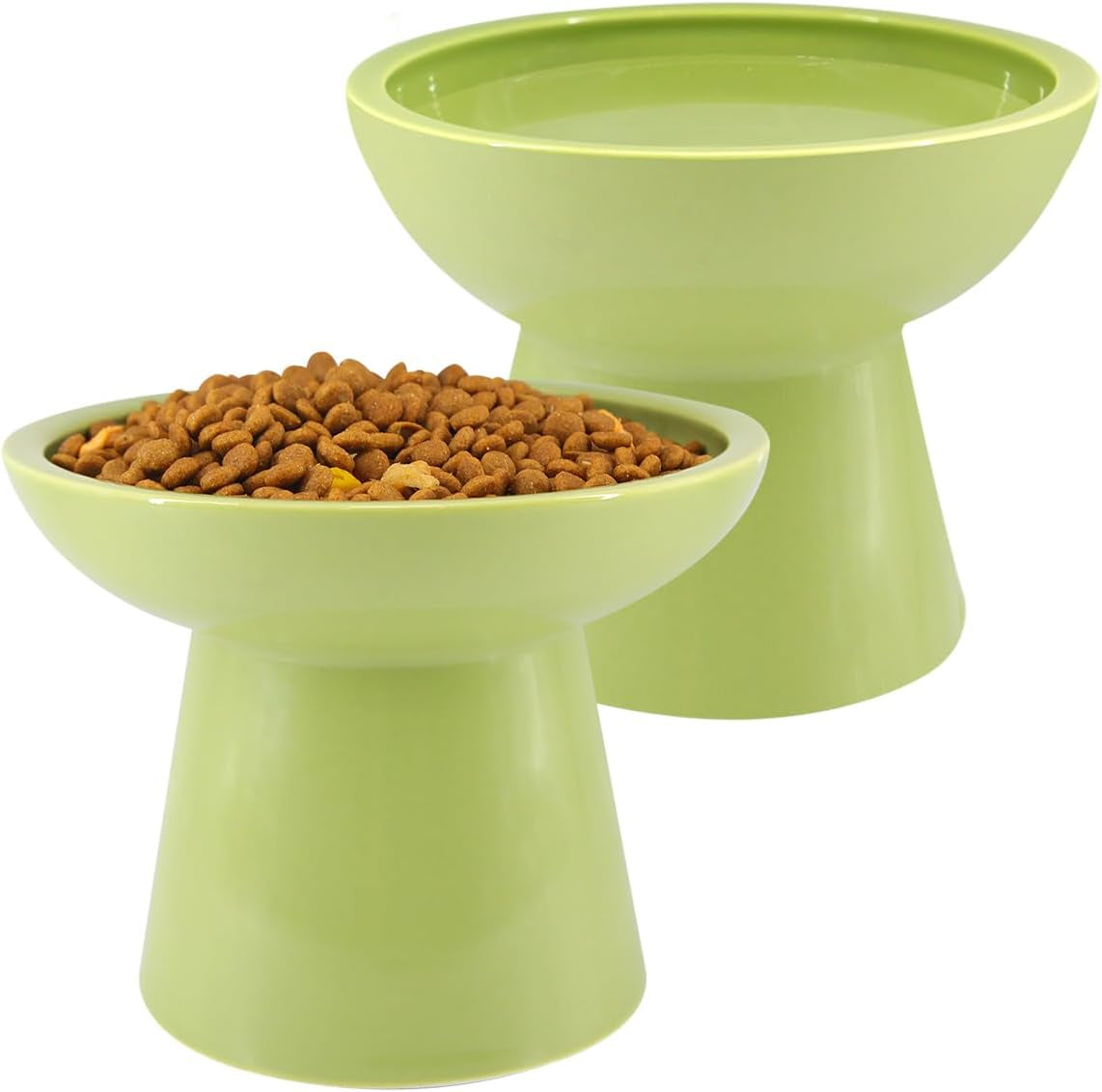 Elevated Cat Food and Water Bowls Set, Extra Wide and Raised Ceramic Cat Feeder, Anti-Vomit Whisker-Free Pressure Cat Feeding Bowl for Kittens Adult Cats Small Dogs (Green, Bowl Set)