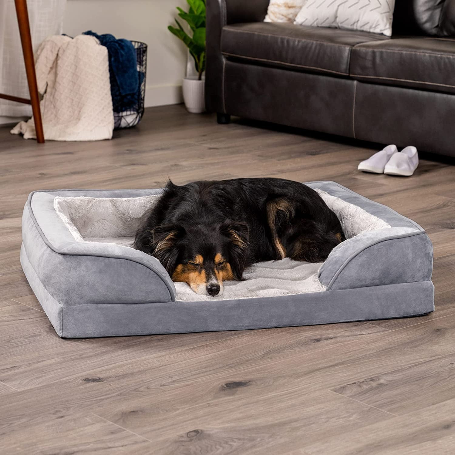 Pawpectly Orthopedic Dog Bed for Large/Medium Dogs W/ Removable Bolsters & Washable Cover, for Dogs up to 55 Lbs - Plush & Velvet Waves Perfect Comfort Sofa - Granite Gray, Large