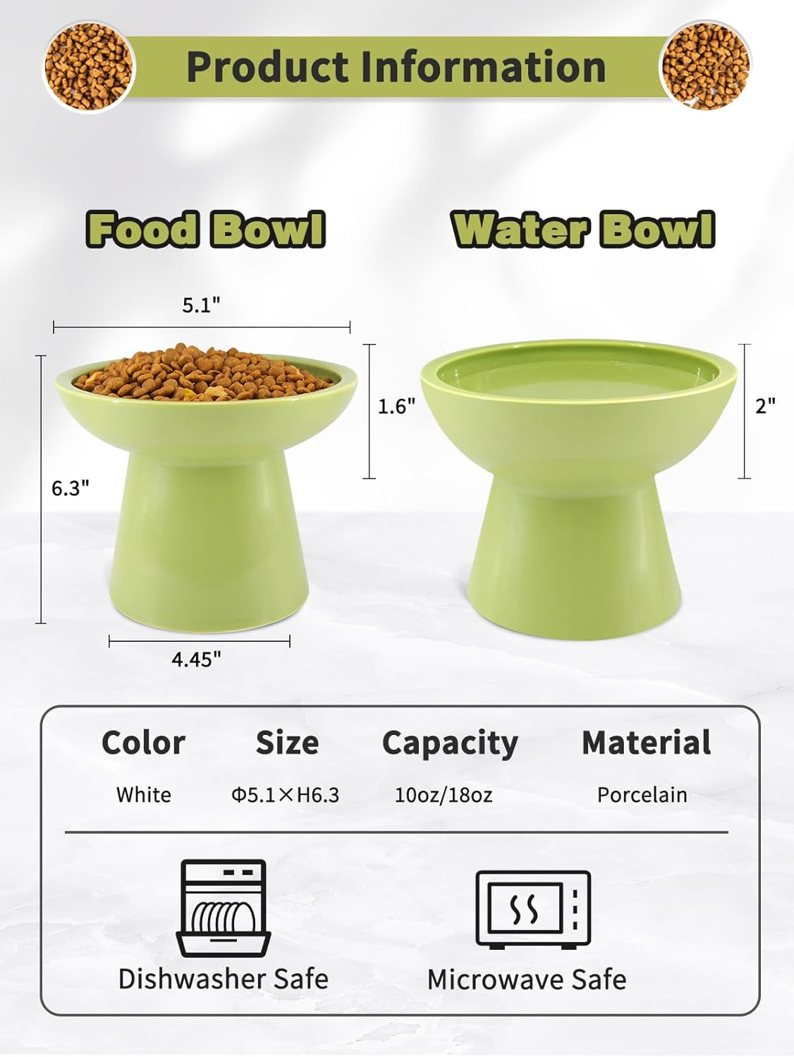 Elevated Cat Food and Water Bowls Set, Extra Wide and Raised Ceramic Cat Feeder, Anti-Vomit Whisker-Free Pressure Cat Feeding Bowl for Kittens Adult Cats Small Dogs (Green, Bowl Set)