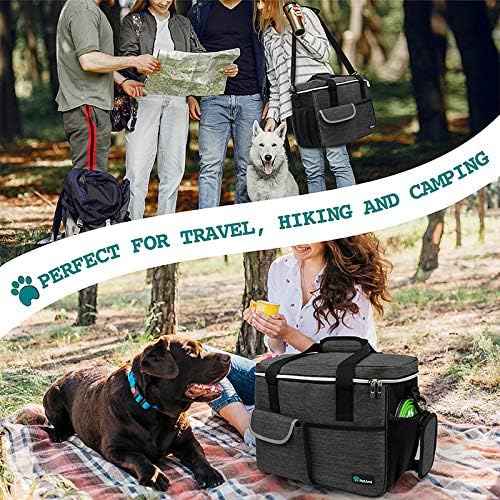 Pawfectly Purrfect Dog Travel Bag, Travel Pet Bag Organizer, Dog Food Travel Bag with Food Container and Bowls, Dog Travel Supplies Gift Accessories for Weekend Camping, Dog Cat Diaper Bag (Charcoal, Large)