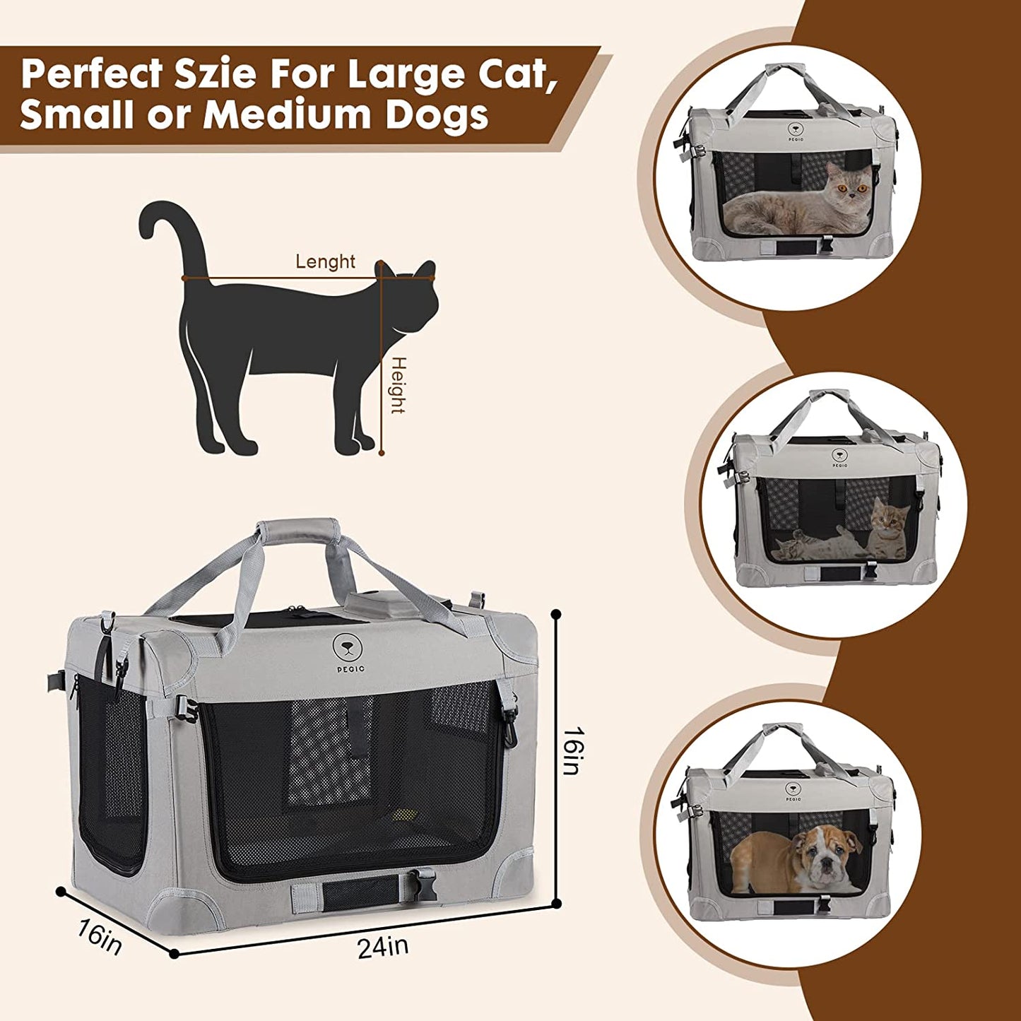 Pawfectly Purrfect Extra Large Cat Carrier for 2 Cats, Portable Soft Sided Large Pet Carrier for Traveling, Indoor and Outdoor Uses, 24"×16"×16"