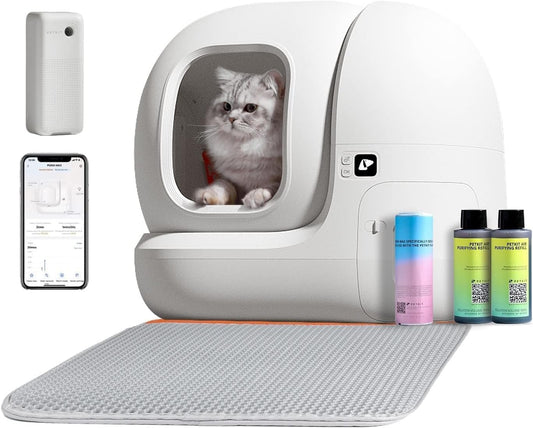 Self Cleaning Cat Litter Box, Puramax Cat Litter Box for Multiple Cats, App Control/Xsecure/Odor Removal Automatic Cat Litter Box Includes Trash Bags and K3 Smart Air Purifier Spray