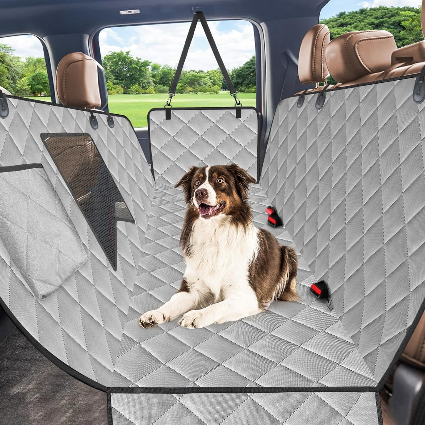 Pawfectly Dog Car Seat Cover for Back Seat, 100% Waterproof Dog Seat Cover with Mesh Window, Anti-Scratch Nonslip Durable Soft Pet Dog Car Hammock for Cars Trucks and SUV