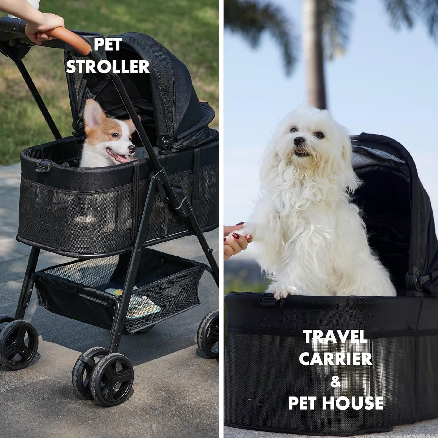 3-in-1 Pawfect Folding Pet Stroller: Foldable Design, Removable Carrier, Waterproof Pad, Sun Shade - Ideal for Small to Medium Dogs and Cats!