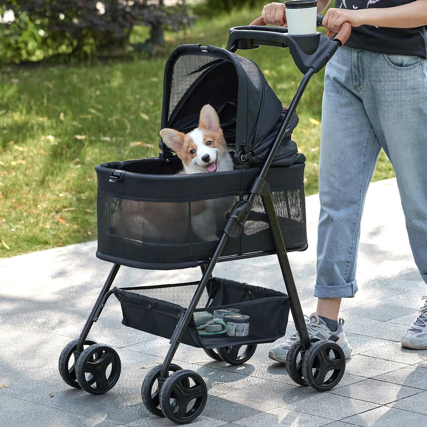 3-in-1 Pawfect Folding Pet Stroller: Foldable Design, Removable Carrier, Waterproof Pad, Sun Shade - Ideal for Small to Medium Dogs and Cats!