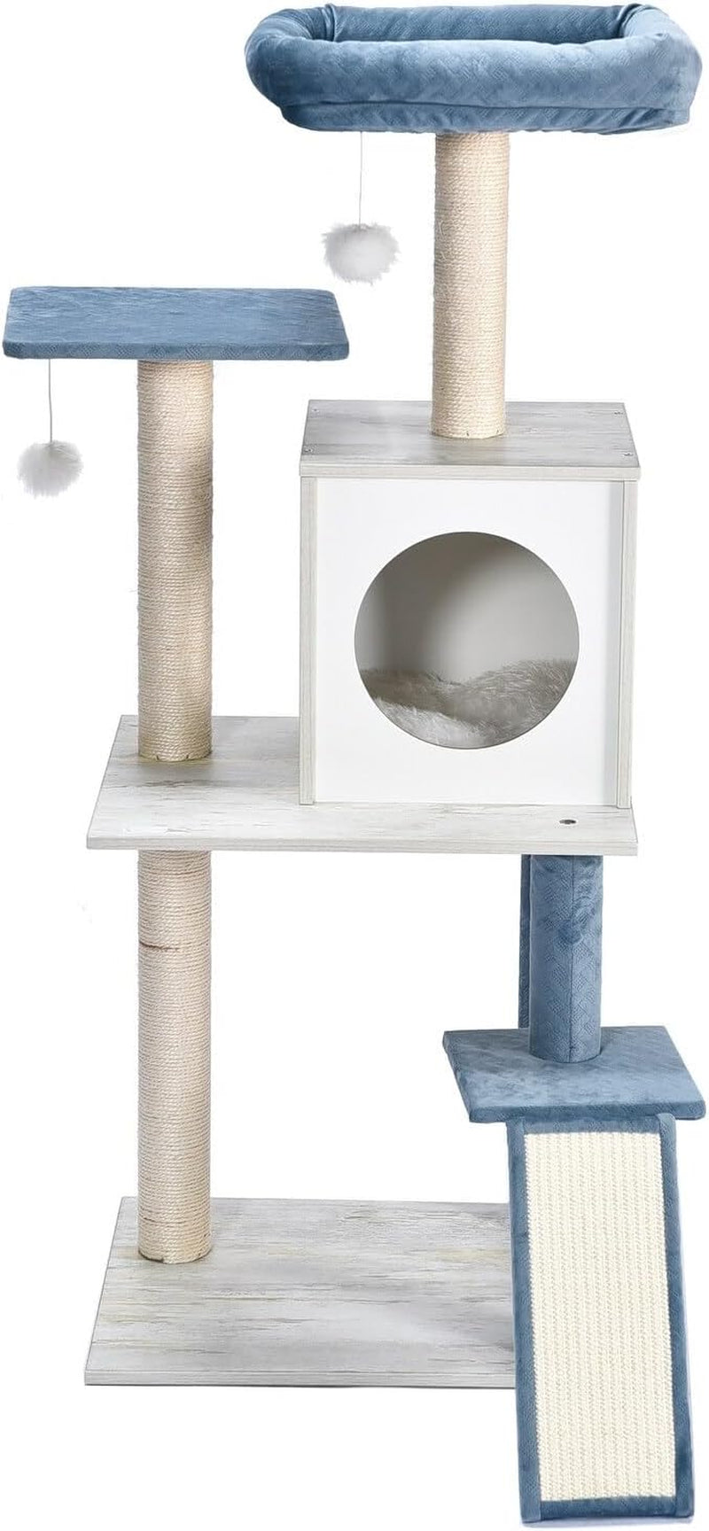 Pawfectly Purrfect Ultimate Cat Haven: 6-Level Plush Tree Habitat with Scratch Ramp, Condo, Toys - Large, Cream & Blue