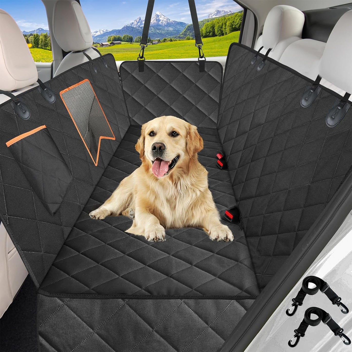 Pawfectly Dog Car Seat Cover for Back Seat, 100% Waterproof Dog Seat Cover with Mesh Window, Anti-Scratch Nonslip Durable Soft Pet Dog Car Hammock for Cars Trucks and SUV