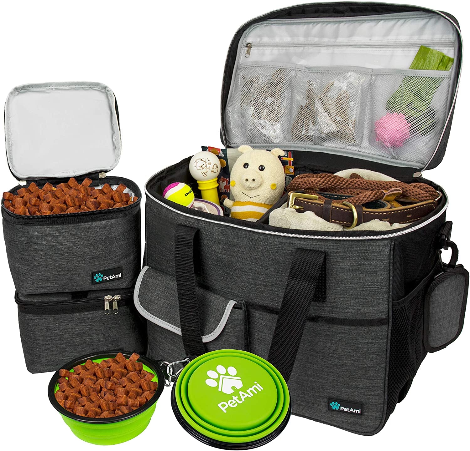 Pawfectly Purrfect Dog Travel Bag, Travel Pet Bag Organizer, Dog Food Travel Bag with Food Container and Bowls, Dog Travel Supplies Gift Accessories for Weekend Camping, Dog Cat Diaper Bag (Charcoal, Large)