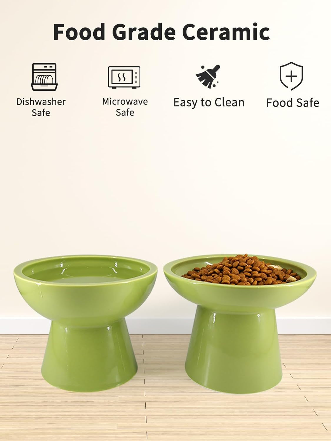 Elevated Cat Food and Water Bowls Set, Extra Wide and Raised Ceramic Cat Feeder, Anti-Vomit Whisker-Free Pressure Cat Feeding Bowl for Kittens Adult Cats Small Dogs (Green, Bowl Set)