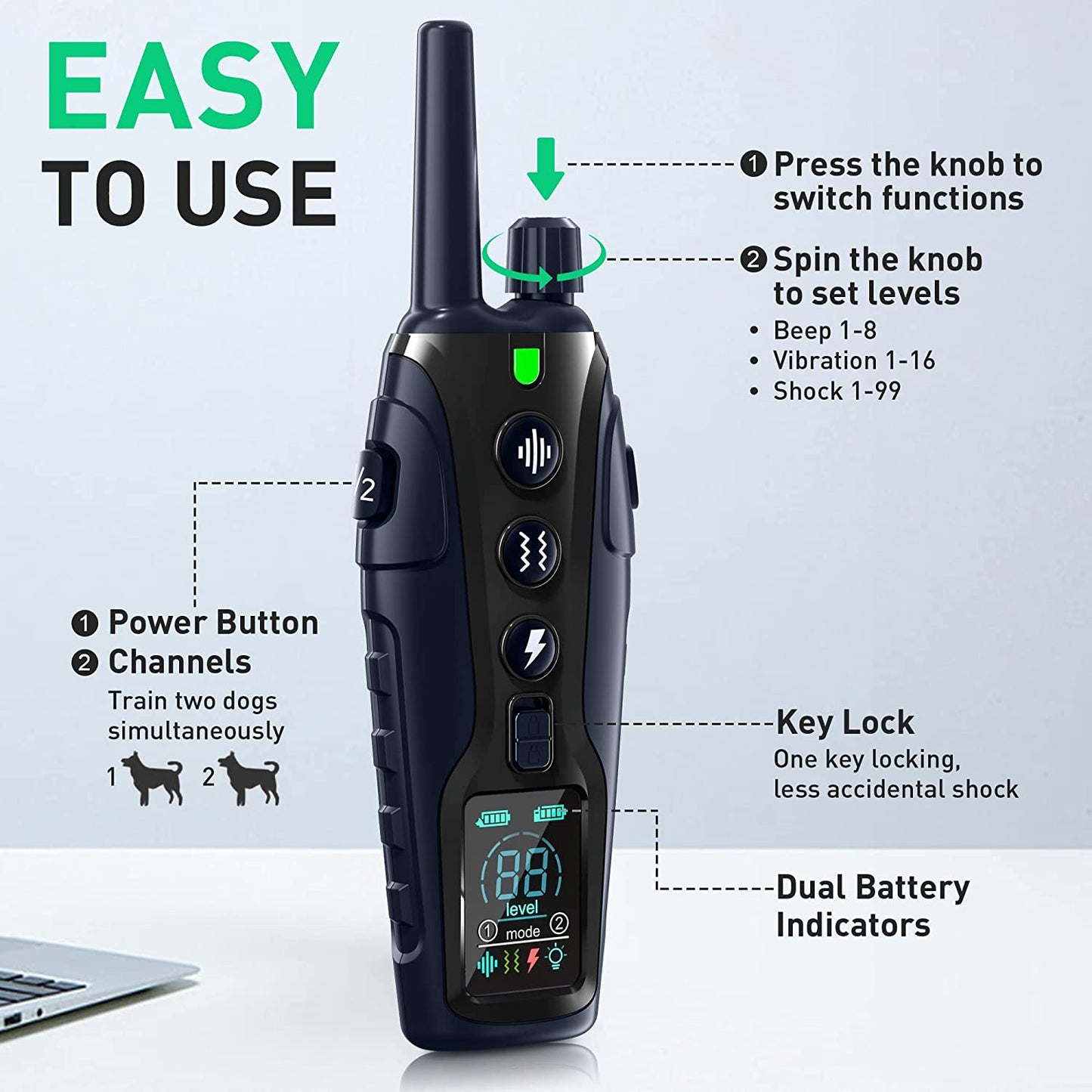 Dog Shock Collar 2 Dogs(15-150Lbs) with Flashing Light for Night Walks,4000Ft Dog Training Collar Adjustable Pitch Beep(1-8), Vibration(1-16), Safe Shock(1-99), and Keypad Lock, Shock Collar for Dogs